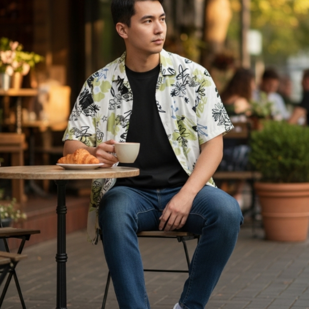 Men's Floral  Dice Short Sleeve Button-Up Shirt in White and Lime